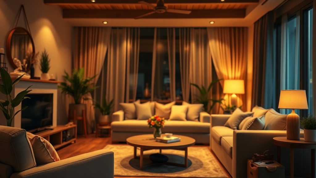 따뜻한 색온도의 LED 조명이 켜져 있는 아늑한 거실 풍경